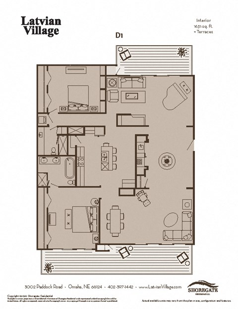 Floor plan for 2 beds, 2 baths, 1631 sqft